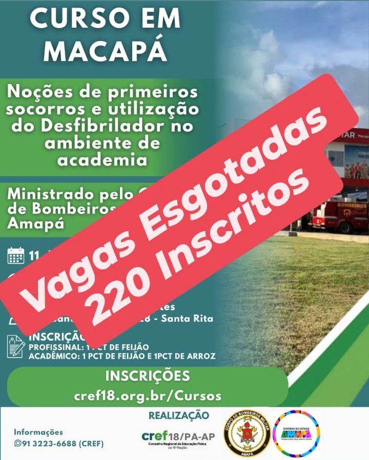 Noções de Primeiros Socorros e Utilização do Desfibrilador no Ambiente de Academia <h2>Noções de Primeiros Socorros e Utilização do Desfibrilador no Ambiente de Academia</h2> <img width="576" height="1024" src="https://www.cref18.org.br/wp-content/uploads/2026/03/Nocoes-de-primeiros-socorros-e-utilizacao-do-Desfibrilador-no-ambiente-de-academia-Story.jpg" alt="Noções de primeiros socorros e utilização do Desfibrilador no ambiente de academia Story" /> <p data-path-to-node="4">Estão abertas as inscrições para o curso <b data-path-to-node="4" data-index-in-node="41">"Noções de Primeiros Socorros e Utilização do Desfibrilador no Ambiente de Academia"</b>, uma iniciativa essencial para profissionais e acadêmicos da Educação Física que buscam excelência e segurança no atendimento aos seus alunos.</p><p data-path-to-node="5">Ministrado pelo experiente <b data-path-to-node="5" data-index-in-node="27">Corpo de Bombeiros do Amapá</b>, o treinamento abordará técnicas vitais para situações de emergência, capacitando o participante a agir com rapidez e precisão dentro do ambiente fitness.</p><p data-path-to-node="6"><b data-path-to-node="6" data-index-in-node="0">Informações do Evento:</b></p><ul data-path-to-node="7"><li><p data-path-to-node="7,0,0"><b data-path-to-node="7,0,0" data-index-in-node="0">Data:</b> 11 de abril de 2026</p></li><li><p data-path-to-node="7,1,0"><b data-path-to-node="7,1,0" data-index-in-node="0">Horário:</b> 08h às 12h</p></li><li><p data-path-to-node="7,2,0"><b data-path-to-node="7,2,0" data-index-in-node="0">Local:</b> Escola Estadual Tiradentes (Rua Santos Dumont, 128 - Santa Rita, Macapá)</p></li></ul><p data-path-to-node="8"><b data-path-to-node="8" data-index-in-node="0">Inscrição Solidária:</b> A participação será confirmada mediante a entrega de alimentos não perecíveis no dia do evento:</p><ul data-path-to-node="9"><li><p data-path-to-node="9,0,0"><b data-path-to-node="9,0,0" data-index-in-node="0">Profissional:</b> 1 pacote de feijão.</p></li><li><p data-path-to-node="9,1,0"><b data-path-to-node="9,1,0" data-index-in-node="0">Acadêmico:</b> 1 pacote de feijão e 1 pacote de arroz.</p></li></ul><p data-path-to-node="10"><b data-path-to-node="10" data-index-in-node="0">Não perca o prazo!</b> Garanta sua vaga e fortaleça sua formação profissional.</p><p data-path-to-node="11"> </p> <a href="https://servicos.cref18.org.br/Cursos/index2/185">
inscreva-se
</a>
<h2>Como Chegar</h2>
<iframe loading="lazy"
src="https://maps.google.com/maps?q=Escola%20Estadual%20Tiradentes%20%28Rua%20Santos%20Dumont%2C%20128%20-%20Santa%20Rita%2C%20Macap%C3%A1%29&t=m&z=15&output=embed&iwloc=near"
title="Escola Estadual Tiradentes (Rua Santos Dumont, 128 - Santa Rita, Macapá)"
aria-label="Escola Estadual Tiradentes (Rua Santos Dumont, 128 - Santa Rita, Macapá)"
></iframe>