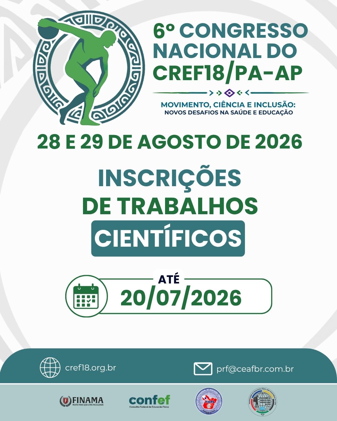 <h2 
		data-interaction-id="1cea7bf1" 
		class="e-1cea7bf1-87284b2 e-heading-base" 
	>
			TRABALHOS<br>CIENTÍFICOS
		</h2>
								<p data-interaction-id="55d8f8dc"  >
								Compartilhe conhecimento.<br>Fortaleça a Educação Física.
					</p>
								<p data-interaction-id="163bf895"  >
								o 6º Congresso Nacional do CREF18/PA-AP convida pesquisadores, profissionais e estudantes a submeterem seus trabalhos e contribuírem para o debate cientifico sobre os novos desafios da área
					</p>
					    	            <a
            href="#submeta" target="_self"
            data-interaction-id="23b6831f"
        >
            SUBMETA SEU TRABALHO
        </a>
			<img 
					data-interaction-id="2ffac97e" 
									id="10763"
												src="https://www.cref18.org.br/wp-content/uploads/2026/05/CONCREF-6-BANNER-DE-TOPO-DE-PAGINA.jpg"
												width="1920"
												height="1000"
												srcset=""
												alt="CONCREF 6 BANNER DE TOPO DE PAGINA"
						/>
								<h2 
		data-interaction-id="734ab5bf" 
		class="e-734ab5bf-ff59669 e-heading-base" 
	>
			SOBRE A SUBMISSÃO
		</h2>
<hr data-interaction-id="6472548d"   />
								<p data-interaction-id="55f9c80a"  >
								Os trabalhos científicos submetidos serão avaliados por Comissão Cientifica e selecionados para apresentação nas modalidades Pôster ou Comunicação Oral durante o evento.
					</p>
			<svg aria-hidden="true" viewBox="0 0 640 512" xmlns="http://www.w3.org/2000/svg"><path d="M96 224c35.3 0 64-28.7 64-64s-28.7-64-64-64-64 28.7-64 64 28.7 64 64 64zm448 0c35.3 0 64-28.7 64-64s-28.7-64-64-64-64 28.7-64 64 28.7 64 64 64zm32 32h-64c-17.6 0-33.5 7.1-45.1 18.6 40.3 22.1 68.9 62 75.1 109.4h66c17.7 0 32-14.3 32-32v-32c0-35.3-28.7-64-64-64zm-256 0c61.9 0 112-50.1 112-112S381.9 32 320 32 208 82.1 208 144s50.1 112 112 112zm76.8 32h-8.3c-20.8 10-43.9 16-68.5 16s-47.6-6-68.5-16h-8.3C179.6 288 128 339.6 128 403.2V432c0 26.5 21.5 48 48 48h288c26.5 0 48-21.5 48-48v-28.8c0-63.6-51.6-115.2-115.2-115.2zm-223.7-13.4C161.5 263.1 145.6 256 128 256H64c-35.3 0-64 28.7-64 64v32c0 17.7 14.3 32 32 32h65.9c6.3-47.4 34.9-87.3 75.2-109.4z"></path></svg>			
									<h2 
		data-interaction-id="24dde861" 
		class="e-24dde861-e6a849d e-heading-base" 
	>
			QUEM PODE PARTICIPAR
		</h2>
								<p data-interaction-id="99a691a"  >
								Profissionais, pesquisadores, estudantes de graduação e pós-graduação e demais interessados na área da Educação Fisica e Ciências Do Esporte.
					</p>
									<h2 
		data-interaction-id="7f64b4d5" 
		class="e-7f64b4d5-d8bd351 e-heading-base" 
	>
			ÁREAS TEMÁTICAS
		</h2>
								<p data-interaction-id="16796290"  >
								Os trabalhos devem estar alinhados ao tema do evento e suas linhas de discussão: movimento, ciência, inclusão, diversidade, cultura marajoara e Amazonia.
					</p>
			<svg aria-hidden="true" viewBox="0 0 448 512" xmlns="http://www.w3.org/2000/svg"><path d="M148 288h-40c-6.6 0-12-5.4-12-12v-40c0-6.6 5.4-12 12-12h40c6.6 0 12 5.4 12 12v40c0 6.6-5.4 12-12 12zm108-12v-40c0-6.6-5.4-12-12-12h-40c-6.6 0-12 5.4-12 12v40c0 6.6 5.4 12 12 12h40c6.6 0 12-5.4 12-12zm96 0v-40c0-6.6-5.4-12-12-12h-40c-6.6 0-12 5.4-12 12v40c0 6.6 5.4 12 12 12h40c6.6 0 12-5.4 12-12zm-96 96v-40c0-6.6-5.4-12-12-12h-40c-6.6 0-12 5.4-12 12v40c0 6.6 5.4 12 12 12h40c6.6 0 12-5.4 12-12zm-96 0v-40c0-6.6-5.4-12-12-12h-40c-6.6 0-12 5.4-12 12v40c0 6.6 5.4 12 12 12h40c6.6 0 12-5.4 12-12zm192 0v-40c0-6.6-5.4-12-12-12h-40c-6.6 0-12 5.4-12 12v40c0 6.6 5.4 12 12 12h40c6.6 0 12-5.4 12-12zm96-260v352c0 26.5-21.5 48-48 48H48c-26.5 0-48-21.5-48-48V112c0-26.5 21.5-48 48-48h48V12c0-6.6 5.4-12 12-12h40c6.6 0 12 5.4 12 12v52h128V12c0-6.6 5.4-12 12-12h40c6.6 0 12 5.4 12 12v52h48c26.5 0 48 21.5 48 48zm-48 346V160H48v298c0 3.3 2.7 6 6 6h340c3.3 0 6-2.7 6-6z"></path></svg>			
									<h2 
		data-interaction-id="7ff7218" 
		class="e-7ff7218-d99b571 e-heading-base" 
	>
			DATAS IMPORTANTES
		</h2>
								<p data-interaction-id="61545c52"  >
								Início das submissões:&nbsp; 01/05/2026<br>Prazo final para submissão: 20/06/2026<br>Resultado da avaliação: 30/06/2026
					</p>
									<h2 
		data-interaction-id="71dcb70c" 
		class="e-71dcb70c-83cc2e1 e-heading-base" 
	>
			CERTIFICAÇÃO
		</h2>
								<p data-interaction-id="175adde7"  >
								Todos os trabalhos aprovados e apresentados receberão certificado. Os melhores trabalhos poderão ser publicados na revista científica Cognitionis
					</p>
							<h2 
		data-interaction-id="235a1dff" 
		class="e-235a1dff-5d60eaf e-235a1dff-5d60eaf e-heading-base" 
	>
			COMO ENVIAR SEU TRABALHO
		</h2>
<hr data-interaction-id="57d24cab"   />
							<h2 
		data-interaction-id="4ea9eed1" 
		class="e-4ea9eed1-ebfc6c2 e-heading-base" 
	>
			01
		</h2>
									<h2 
		data-interaction-id="7dd5e9f8" 
		class="e-7dd5e9f8-9c94eb9 e-heading-base" 
	>
			ACESSO AO SITE
		</h2>
								<p data-interaction-id="6dac4286"  >
								Entre na plataforma oficial do evento cref18.org.br
					</p>
			<svg aria-hidden="true" viewBox="0 0 448 512" xmlns="http://www.w3.org/2000/svg"><path d="M413.1 222.5l22.2 22.2c9.4 9.4 9.4 24.6 0 33.9L241 473c-9.4 9.4-24.6 9.4-33.9 0L12.7 278.6c-9.4-9.4-9.4-24.6 0-33.9l22.2-22.2c9.5-9.5 25-9.3 34.3.4L184 343.4V56c0-13.3 10.7-24 24-24h32c13.3 0 24 10.7 24 24v287.4l114.8-120.5c9.3-9.8 24.8-10 34.3-.4z"></path></svg>			
			<svg aria-hidden="true" viewBox="0 0 448 512" xmlns="http://www.w3.org/2000/svg"><path d="M190.5 66.9l22.2-22.2c9.4-9.4 24.6-9.4 33.9 0L441 239c9.4 9.4 9.4 24.6 0 33.9L246.6 467.3c-9.4 9.4-24.6 9.4-33.9 0l-22.2-22.2c-9.5-9.5-9.3-25 .4-34.3L311.4 296H24c-13.3 0-24-10.7-24-24v-32c0-13.3 10.7-24 24-24h287.4L190.9 101.2c-9.8-9.3-10-24.8-.4-34.3z"></path></svg>			
									<h2 
		data-interaction-id="26b2fc91" 
		class="e-26b2fc91-cfe0d19 e-heading-base" 
	>
			02
		</h2>
									<h2 
		data-interaction-id="71723167" 
		class="e-71723167-2a15279 e-heading-base" 
	>
			PREENCHA O E-MAIL
		</h2>
								<p data-interaction-id="7a5da6cb"  >
								Preencha com uma cópia comprovante de pagamento, e os dados dos autores: Nome, instituição, Email.
					</p>
			<svg aria-hidden="true" viewBox="0 0 448 512" xmlns="http://www.w3.org/2000/svg"><path d="M413.1 222.5l22.2 22.2c9.4 9.4 9.4 24.6 0 33.9L241 473c-9.4 9.4-24.6 9.4-33.9 0L12.7 278.6c-9.4-9.4-9.4-24.6 0-33.9l22.2-22.2c9.5-9.5 25-9.3 34.3.4L184 343.4V56c0-13.3 10.7-24 24-24h32c13.3 0 24 10.7 24 24v287.4l114.8-120.5c9.3-9.8 24.8-10 34.3-.4z"></path></svg>			
			<svg aria-hidden="true" viewBox="0 0 448 512" xmlns="http://www.w3.org/2000/svg"><path d="M190.5 66.9l22.2-22.2c9.4-9.4 24.6-9.4 33.9 0L441 239c9.4 9.4 9.4 24.6 0 33.9L246.6 467.3c-9.4 9.4-24.6 9.4-33.9 0l-22.2-22.2c-9.5-9.5-9.3-25 .4-34.3L311.4 296H24c-13.3 0-24-10.7-24-24v-32c0-13.3 10.7-24 24-24h287.4L190.9 101.2c-9.8-9.3-10-24.8-.4-34.3z"></path></svg>			
									<h2 
		data-interaction-id="449489ac" 
		class="e-449489ac-56c14cd e-heading-base" 
	>
			03
		</h2>
									<h2 
		data-interaction-id="264d05a" 
		class="e-264d05a-07a2688 e-heading-base" 
	>
			ANEXE SEU TRABALHO
		</h2>
								<p data-interaction-id="4d1a7dc7"  >
								Faça o upload do arquivo seguindo o modelo disponível e as normas estabelecidas.
					</p>
			<svg aria-hidden="true" viewBox="0 0 448 512" xmlns="http://www.w3.org/2000/svg"><path d="M413.1 222.5l22.2 22.2c9.4 9.4 9.4 24.6 0 33.9L241 473c-9.4 9.4-24.6 9.4-33.9 0L12.7 278.6c-9.4-9.4-9.4-24.6 0-33.9l22.2-22.2c9.5-9.5 25-9.3 34.3.4L184 343.4V56c0-13.3 10.7-24 24-24h32c13.3 0 24 10.7 24 24v287.4l114.8-120.5c9.3-9.8 24.8-10 34.3-.4z"></path></svg>			
			<svg aria-hidden="true" viewBox="0 0 448 512" xmlns="http://www.w3.org/2000/svg"><path d="M190.5 66.9l22.2-22.2c9.4-9.4 24.6-9.4 33.9 0L441 239c9.4 9.4 9.4 24.6 0 33.9L246.6 467.3c-9.4 9.4-24.6 9.4-33.9 0l-22.2-22.2c-9.5-9.5-9.3-25 .4-34.3L311.4 296H24c-13.3 0-24-10.7-24-24v-32c0-13.3 10.7-24 24-24h287.4L190.9 101.2c-9.8-9.3-10-24.8-.4-34.3z"></path></svg>			
									<h2 
		data-interaction-id="4774f988" 
		class="e-4774f988-dd37dd0 e-heading-base" 
	>
			04
		</h2>
			<svg aria-hidden="true" viewBox="0 0 512 512" xmlns="http://www.w3.org/2000/svg"><path d="M173.898 439.404l-166.4-166.4c-9.997-9.997-9.997-26.206 0-36.204l36.203-36.204c9.997-9.998 26.207-9.998 36.204 0L192 312.69 432.095 72.596c9.997-9.997 26.207-9.997 36.204 0l36.203 36.204c9.997 9.997 9.997 26.206 0 36.204l-294.4 294.401c-9.998 9.997-26.207 9.997-36.204-.001z"></path></svg>			
									<h2 
		data-interaction-id="167783f2" 
		class="e-167783f2-09ba54c e-heading-base" 
	>
			CONFIRME SEU TRABALHO
		</h2>
								<p data-interaction-id="49be998e"  >
								Revise as informações e finalize sua submissão.
					</p>
			<svg aria-hidden="true" viewBox="0 0 448 512" xmlns="http://www.w3.org/2000/svg"><path d="M413.1 222.5l22.2 22.2c9.4 9.4 9.4 24.6 0 33.9L241 473c-9.4 9.4-24.6 9.4-33.9 0L12.7 278.6c-9.4-9.4-9.4-24.6 0-33.9l22.2-22.2c9.5-9.5 25-9.3 34.3.4L184 343.4V56c0-13.3 10.7-24 24-24h32c13.3 0 24 10.7 24 24v287.4l114.8-120.5c9.3-9.8 24.8-10 34.3-.4z"></path></svg>			
			<svg aria-hidden="true" viewBox="0 0 448 512" xmlns="http://www.w3.org/2000/svg"><path d="M190.5 66.9l22.2-22.2c9.4-9.4 24.6-9.4 33.9 0L441 239c9.4 9.4 9.4 24.6 0 33.9L246.6 467.3c-9.4 9.4-24.6 9.4-33.9 0l-22.2-22.2c-9.5-9.5-9.3-25 .4-34.3L311.4 296H24c-13.3 0-24-10.7-24-24v-32c0-13.3 10.7-24 24-24h287.4L190.9 101.2c-9.8-9.3-10-24.8-.4-34.3z"></path></svg>			
									<h2 
		data-interaction-id="3c03ccf2" 
		class="e-3c03ccf2-6c73ca4 e-heading-base" 
	>
			05
		</h2>
									<h2 
		data-interaction-id="1efc3a5" 
		class="e-1efc3a5-9617b83 e-heading-base" 
	>
			ACOMPANHE O STATUS
		</h2>
								<p data-interaction-id="1d3fab94"  >
								Acompanhe o status da avaliação diretamente na plataforma do evento.
					</p>
									<h2 
		data-interaction-id="6a73eda8" 
		class="e-6a73eda8-d907bfd e-heading-base" 
	>
			NORMAS PARA SUBMISSÃO
		</h2>
								<p data-interaction-id="27ea49a0"  >
								Os trabalhos devem seguir as normas da ABNT:<br>Formatação: ABNT NBR 6022 (artigo em publicação periódica)<br>Citações: ABNT NBR 10520<br>Referencias: ABNT NBR 6023·<br>Extensão: até 6 páginas (incluindo tabelas, figuras e referências)<br>Idioma: Português<br>Modelo: Utilize o template disponível para download.
					</p>
					    	            <a
            href="https://www.cref18.org.br/wp-content/uploads/2026/04/TEMPLATE-COGNITIONIS_Resumo_Congresso_2025.docx" target="_blank"
            data-interaction-id="28b85513"
        >
            BAIXAR MODELO (TEMPLATE)
        </a>
									<h2 
		data-interaction-id="5071ad2a" 
		class="e-5071ad2a-0296dd5 e-heading-base" 
	>
			MODALIDADES DE APRESENTAÇÃO
		</h2>
							<h2 
		data-interaction-id="1b158226" 
		class="e-1b158226-40e6abb e-heading-base" 
	>
			PÔSTER
		</h2>
								<p data-interaction-id="58c23162"  >
								Apresentação impressa em formato pôster durante o evento.
					</p>
							<h2 
		data-interaction-id="1ea70987" 
		class="e-1ea70987-30a8af0 e-heading-base" 
	>
			COMUNICAÇÃO ORAL
		</h2>
								<p data-interaction-id="1540f4"  >
								Apresentação oral de até 10 minutos, seguida de 5 minutos para perguntas
					</p>
									<h2 
		data-interaction-id="769dc271" 
		class="e-769dc271-c353318 e-heading-base" 
	>
			DÚVIDAS?
		</h2>
								<p data-interaction-id="62d3fa88"  >
								Entre em contato com a Comissão Cientifica através do e-mail:
					</p>
					    	            <a
            href="mailto:prf@ceafbr.com.br" target="_self"
            data-interaction-id="17c93deb"
        >
            prf@ceafbr.com.br
        </a>
										<p data-interaction-id="1634a362"  >
								Ao submeter seu trabalho, você concorda com os termos do regulamento  disponível na página do evento.
					</p>
					    	            <a
            href="https://www.cref18.org.br/wp-content/uploads/2026/04/Normas-para-Publicacao_2026.pdf" target="_blank"
            data-interaction-id="230a24ef"
        >
            ACESSAR REGULAMENTO
        </a>