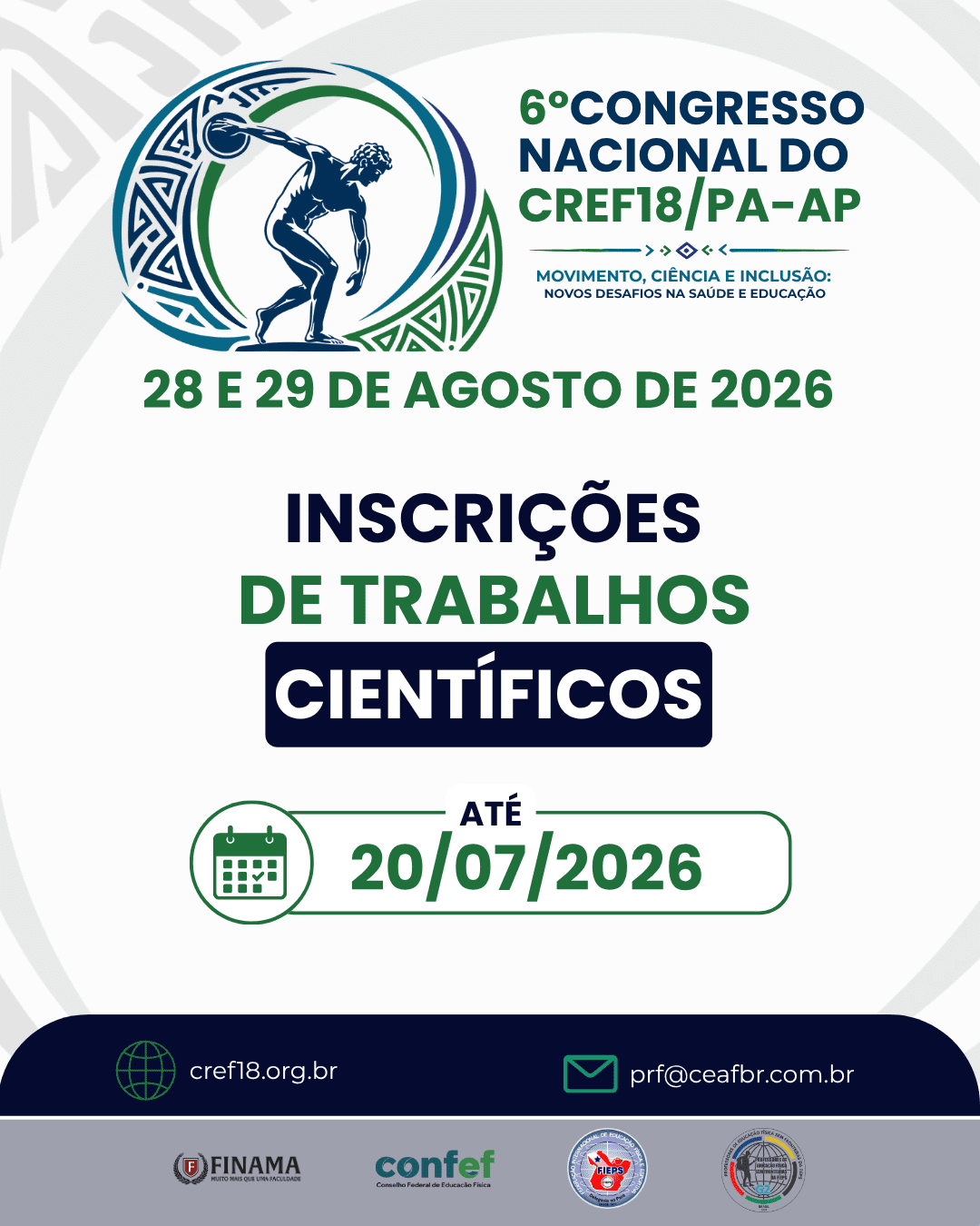 <h2 
		data-interaction-id="1cea7bf1" 
		class="e-1cea7bf1-87284b2 e-heading-base" 
	>
			TRABALHOS<br>CIENTÍFICOS
		</h2>
								<p data-interaction-id="55d8f8dc"  >
								Compartilhe conhecimento.<br>Fortaleça a Educação Física.
					</p>
								<p data-interaction-id="163bf895"  >
								o 6º Congresso Nacional do CREF18/PA-AP convida pesquisadores, profissionais e estudantes a submeterem seus trabalhos e contribuírem para o debate cientifico sobre os novos desafios da área
					</p>
					    	            <a
            href="#submeta" target="_self"
            data-interaction-id="23b6831f"
        >
            SUBMETA SEU TRABALHO
        </a>
		<img 
					data-interaction-id="2ffac97e" 
									id="10743"
												src="https://www.cref18.org.br/wp-content/uploads/2026/05/CONCREF-6-BANNER-DE-TOPO-DE-PAGINA.png"
												width="1920"
												height="1000"
												srcset=""
												alt="CONCREF 6 BANNER DE TOPO DE PAGINA"
						/>
								<h2 
		data-interaction-id="734ab5bf" 
		class="e-734ab5bf-ff59669 e-heading-base" 
	>
			SOBRE A SUBMISSÃO
		</h2>
<hr data-interaction-id="6472548d"   />
								<p data-interaction-id="55f9c80a"  >
								Os trabalhos científicos submetidos serão avaliados por Comissão Cientifica e selecionados para apresentação nas modalidades Pôster ou Comunicação Oral durante o evento.
					</p>
			<svg aria-hidden="true" viewBox="0 0 640 512" xmlns="http://www.w3.org/2000/svg"><path d="M96 224c35.3 0 64-28.7 64-64s-28.7-64-64-64-64 28.7-64 64 28.7 64 64 64zm448 0c35.3 0 64-28.7 64-64s-28.7-64-64-64-64 28.7-64 64 28.7 64 64 64zm32 32h-64c-17.6 0-33.5 7.1-45.1 18.6 40.3 22.1 68.9 62 75.1 109.4h66c17.7 0 32-14.3 32-32v-32c0-35.3-28.7-64-64-64zm-256 0c61.9 0 112-50.1 112-112S381.9 32 320 32 208 82.1 208 144s50.1 112 112 112zm76.8 32h-8.3c-20.8 10-43.9 16-68.5 16s-47.6-6-68.5-16h-8.3C179.6 288 128 339.6 128 403.2V432c0 26.5 21.5 48 48 48h288c26.5 0 48-21.5 48-48v-28.8c0-63.6-51.6-115.2-115.2-115.2zm-223.7-13.4C161.5 263.1 145.6 256 128 256H64c-35.3 0-64 28.7-64 64v32c0 17.7 14.3 32 32 32h65.9c6.3-47.4 34.9-87.3 75.2-109.4z"></path></svg>			
									<h2 
		data-interaction-id="24dde861" 
		class="e-24dde861-e6a849d e-heading-base" 
	>
			QUEM PODE PARTICIPAR
		</h2>
								<p data-interaction-id="99a691a"  >
								Profissionais, pesquisadores, estudantes de graduação e pós-graduação e demais interessados na área da Educação Fisica e Ciências Do Esporte.
					</p>
									<h2 
		data-interaction-id="7f64b4d5" 
		class="e-7f64b4d5-d8bd351 e-heading-base" 
	>
			ÁREAS TEMÁTICAS
		</h2>
								<p data-interaction-id="16796290"  >
								Os trabalhos devem estar alinhados ao tema do evento e suas linhas de discussão: movimento, ciência, inclusão, diversidade, cultura marajoara e Amazonia.
					</p>
			<svg aria-hidden="true" viewBox="0 0 448 512" xmlns="http://www.w3.org/2000/svg"><path d="M148 288h-40c-6.6 0-12-5.4-12-12v-40c0-6.6 5.4-12 12-12h40c6.6 0 12 5.4 12 12v40c0 6.6-5.4 12-12 12zm108-12v-40c0-6.6-5.4-12-12-12h-40c-6.6 0-12 5.4-12 12v40c0 6.6 5.4 12 12 12h40c6.6 0 12-5.4 12-12zm96 0v-40c0-6.6-5.4-12-12-12h-40c-6.6 0-12 5.4-12 12v40c0 6.6 5.4 12 12 12h40c6.6 0 12-5.4 12-12zm-96 96v-40c0-6.6-5.4-12-12-12h-40c-6.6 0-12 5.4-12 12v40c0 6.6 5.4 12 12 12h40c6.6 0 12-5.4 12-12zm-96 0v-40c0-6.6-5.4-12-12-12h-40c-6.6 0-12 5.4-12 12v40c0 6.6 5.4 12 12 12h40c6.6 0 12-5.4 12-12zm192 0v-40c0-6.6-5.4-12-12-12h-40c-6.6 0-12 5.4-12 12v40c0 6.6 5.4 12 12 12h40c6.6 0 12-5.4 12-12zm96-260v352c0 26.5-21.5 48-48 48H48c-26.5 0-48-21.5-48-48V112c0-26.5 21.5-48 48-48h48V12c0-6.6 5.4-12 12-12h40c6.6 0 12 5.4 12 12v52h128V12c0-6.6 5.4-12 12-12h40c6.6 0 12 5.4 12 12v52h48c26.5 0 48 21.5 48 48zm-48 346V160H48v298c0 3.3 2.7 6 6 6h340c3.3 0 6-2.7 6-6z"></path></svg>			
									<h2 
		data-interaction-id="7ff7218" 
		class="e-7ff7218-d99b571 e-heading-base" 
	>
			DATAS IMPORTANTES
		</h2>
								<p data-interaction-id="61545c52"  >
								Início das submissões:&nbsp; 01/05/2026<br>Prazo final para submissão: 20/06/2026<br>Resultado da avaliação: 30/06/2026
					</p>
									<h2 
		data-interaction-id="71dcb70c" 
		class="e-71dcb70c-83cc2e1 e-heading-base" 
	>
			CERTIFICAÇÃO
		</h2>
								<p data-interaction-id="175adde7"  >
								Todos os trabalhos aprovados e apresentados receberão certificado. Os melhores trabalhos poderão ser publicados na revista científica Cognitionis
					</p>
							<h2 
		data-interaction-id="235a1dff" 
		class="e-235a1dff-5d60eaf e-235a1dff-5d60eaf e-heading-base" 
	>
			COMO ENVIAR SEU TRABALHO
		</h2>
<hr data-interaction-id="57d24cab"   />
							<h2 
		data-interaction-id="4ea9eed1" 
		class="e-4ea9eed1-ebfc6c2 e-heading-base" 
	>
			01
		</h2>
									<h2 
		data-interaction-id="7dd5e9f8" 
		class="e-7dd5e9f8-9c94eb9 e-heading-base" 
	>
			ACESSO AO SITE
		</h2>
								<p data-interaction-id="6dac4286"  >
								Entre na plataforma oficial do evento cref18.org.br
					</p>
			<svg aria-hidden="true" viewBox="0 0 448 512" xmlns="http://www.w3.org/2000/svg"><path d="M413.1 222.5l22.2 22.2c9.4 9.4 9.4 24.6 0 33.9L241 473c-9.4 9.4-24.6 9.4-33.9 0L12.7 278.6c-9.4-9.4-9.4-24.6 0-33.9l22.2-22.2c9.5-9.5 25-9.3 34.3.4L184 343.4V56c0-13.3 10.7-24 24-24h32c13.3 0 24 10.7 24 24v287.4l114.8-120.5c9.3-9.8 24.8-10 34.3-.4z"></path></svg>			
			<svg aria-hidden="true" viewBox="0 0 448 512" xmlns="http://www.w3.org/2000/svg"><path d="M190.5 66.9l22.2-22.2c9.4-9.4 24.6-9.4 33.9 0L441 239c9.4 9.4 9.4 24.6 0 33.9L246.6 467.3c-9.4 9.4-24.6 9.4-33.9 0l-22.2-22.2c-9.5-9.5-9.3-25 .4-34.3L311.4 296H24c-13.3 0-24-10.7-24-24v-32c0-13.3 10.7-24 24-24h287.4L190.9 101.2c-9.8-9.3-10-24.8-.4-34.3z"></path></svg>			
									<h2 
		data-interaction-id="26b2fc91" 
		class="e-26b2fc91-cfe0d19 e-heading-base" 
	>
			02
		</h2>
									<h2 
		data-interaction-id="71723167" 
		class="e-71723167-2a15279 e-heading-base" 
	>
			PREENCHA O E-MAIL
		</h2>
								<p data-interaction-id="7a5da6cb"  >
								Preencha com uma cópia comprovante de pagamento, e os dados dos autores: Nome, instituição, Email.
					</p>
			<svg aria-hidden="true" viewBox="0 0 448 512" xmlns="http://www.w3.org/2000/svg"><path d="M413.1 222.5l22.2 22.2c9.4 9.4 9.4 24.6 0 33.9L241 473c-9.4 9.4-24.6 9.4-33.9 0L12.7 278.6c-9.4-9.4-9.4-24.6 0-33.9l22.2-22.2c9.5-9.5 25-9.3 34.3.4L184 343.4V56c0-13.3 10.7-24 24-24h32c13.3 0 24 10.7 24 24v287.4l114.8-120.5c9.3-9.8 24.8-10 34.3-.4z"></path></svg>			
			<svg aria-hidden="true" viewBox="0 0 448 512" xmlns="http://www.w3.org/2000/svg"><path d="M190.5 66.9l22.2-22.2c9.4-9.4 24.6-9.4 33.9 0L441 239c9.4 9.4 9.4 24.6 0 33.9L246.6 467.3c-9.4 9.4-24.6 9.4-33.9 0l-22.2-22.2c-9.5-9.5-9.3-25 .4-34.3L311.4 296H24c-13.3 0-24-10.7-24-24v-32c0-13.3 10.7-24 24-24h287.4L190.9 101.2c-9.8-9.3-10-24.8-.4-34.3z"></path></svg>			
									<h2 
		data-interaction-id="449489ac" 
		class="e-449489ac-56c14cd e-heading-base" 
	>
			03
		</h2>
									<h2 
		data-interaction-id="264d05a" 
		class="e-264d05a-07a2688 e-heading-base" 
	>
			ANEXE SEU TRABALHO
		</h2>
								<p data-interaction-id="4d1a7dc7"  >
								Faça o upload do arquivo seguindo o modelo disponível e as normas estabelecidas.
					</p>
			<svg aria-hidden="true" viewBox="0 0 448 512" xmlns="http://www.w3.org/2000/svg"><path d="M413.1 222.5l22.2 22.2c9.4 9.4 9.4 24.6 0 33.9L241 473c-9.4 9.4-24.6 9.4-33.9 0L12.7 278.6c-9.4-9.4-9.4-24.6 0-33.9l22.2-22.2c9.5-9.5 25-9.3 34.3.4L184 343.4V56c0-13.3 10.7-24 24-24h32c13.3 0 24 10.7 24 24v287.4l114.8-120.5c9.3-9.8 24.8-10 34.3-.4z"></path></svg>			
			<svg aria-hidden="true" viewBox="0 0 448 512" xmlns="http://www.w3.org/2000/svg"><path d="M190.5 66.9l22.2-22.2c9.4-9.4 24.6-9.4 33.9 0L441 239c9.4 9.4 9.4 24.6 0 33.9L246.6 467.3c-9.4 9.4-24.6 9.4-33.9 0l-22.2-22.2c-9.5-9.5-9.3-25 .4-34.3L311.4 296H24c-13.3 0-24-10.7-24-24v-32c0-13.3 10.7-24 24-24h287.4L190.9 101.2c-9.8-9.3-10-24.8-.4-34.3z"></path></svg>			
									<h2 
		data-interaction-id="4774f988" 
		class="e-4774f988-dd37dd0 e-heading-base" 
	>
			04
		</h2>
			<svg aria-hidden="true" viewBox="0 0 512 512" xmlns="http://www.w3.org/2000/svg"><path d="M173.898 439.404l-166.4-166.4c-9.997-9.997-9.997-26.206 0-36.204l36.203-36.204c9.997-9.998 26.207-9.998 36.204 0L192 312.69 432.095 72.596c9.997-9.997 26.207-9.997 36.204 0l36.203 36.204c9.997 9.997 9.997 26.206 0 36.204l-294.4 294.401c-9.998 9.997-26.207 9.997-36.204-.001z"></path></svg>			
									<h2 
		data-interaction-id="167783f2" 
		class="e-167783f2-09ba54c e-heading-base" 
	>
			CONFIRME SEU TRABALHO
		</h2>
								<p data-interaction-id="49be998e"  >
								Revise as informações e finalize sua submissão.
					</p>
			<svg aria-hidden="true" viewBox="0 0 448 512" xmlns="http://www.w3.org/2000/svg"><path d="M413.1 222.5l22.2 22.2c9.4 9.4 9.4 24.6 0 33.9L241 473c-9.4 9.4-24.6 9.4-33.9 0L12.7 278.6c-9.4-9.4-9.4-24.6 0-33.9l22.2-22.2c9.5-9.5 25-9.3 34.3.4L184 343.4V56c0-13.3 10.7-24 24-24h32c13.3 0 24 10.7 24 24v287.4l114.8-120.5c9.3-9.8 24.8-10 34.3-.4z"></path></svg>			
			<svg aria-hidden="true" viewBox="0 0 448 512" xmlns="http://www.w3.org/2000/svg"><path d="M190.5 66.9l22.2-22.2c9.4-9.4 24.6-9.4 33.9 0L441 239c9.4 9.4 9.4 24.6 0 33.9L246.6 467.3c-9.4 9.4-24.6 9.4-33.9 0l-22.2-22.2c-9.5-9.5-9.3-25 .4-34.3L311.4 296H24c-13.3 0-24-10.7-24-24v-32c0-13.3 10.7-24 24-24h287.4L190.9 101.2c-9.8-9.3-10-24.8-.4-34.3z"></path></svg>			
									<h2 
		data-interaction-id="3c03ccf2" 
		class="e-3c03ccf2-6c73ca4 e-heading-base" 
	>
			05
		</h2>
									<h2 
		data-interaction-id="1efc3a5" 
		class="e-1efc3a5-9617b83 e-heading-base" 
	>
			ACOMPANHE O STATUS
		</h2>
								<p data-interaction-id="1d3fab94"  >
								Acompanhe o status da avaliação diretamente na plataforma do evento.
					</p>
									<h2 
		data-interaction-id="6a73eda8" 
		class="e-6a73eda8-d907bfd e-heading-base" 
	>
			NORMAS PARA SUBMISSÃO
		</h2>
								<p data-interaction-id="27ea49a0"  >
								Os trabalhos devem seguir as normas da ABNT:<br>Formatação: ABNT NBR 6022 (artigo em publicação periódica)<br>Citações: ABNT NBR 10520<br>Referencias: ABNT NBR 6023·<br>Extensão: até 6 páginas (incluindo tabelas, figuras e referências)<br>Idioma: Português<br>Modelo: Utilize o template disponível para download.
					</p>
					    	            <a
            href="https://www.cref18.org.br/wp-content/uploads/2026/04/TEMPLATE-COGNITIONIS_Resumo_Congresso_2025.docx" target="_blank"
            data-interaction-id="28b85513"
        >
            BAIXAR MODELO (TEMPLATE)
        </a>
									<h2 
		data-interaction-id="5071ad2a" 
		class="e-5071ad2a-0296dd5 e-heading-base" 
	>
			MODALIDADES DE APRESENTAÇÃO
		</h2>
							<h2 
		data-interaction-id="1b158226" 
		class="e-1b158226-40e6abb e-heading-base" 
	>
			PÔSTER
		</h2>
								<p data-interaction-id="58c23162"  >
								Apresentação impressa em formato pôster durante o evento.
					</p>
							<h2 
		data-interaction-id="1ea70987" 
		class="e-1ea70987-30a8af0 e-heading-base" 
	>
			COMUNICAÇÃO ORAL
		</h2>
								<p data-interaction-id="1540f4"  >
								Apresentação oral de até 10 minutos, seguida de 5 minutos para perguntas
					</p>
									<h2 
		data-interaction-id="769dc271" 
		class="e-769dc271-c353318 e-heading-base" 
	>
			DÚVIDAS?
		</h2>
								<p data-interaction-id="62d3fa88"  >
								Entre em contato com a Comissão Cientifica através do e-mail:
					</p>
					    	            <a
            href="mailto:prf@ceafbr.com.br" target="_self"
            data-interaction-id="17c93deb"
        >
            prf@ceafbr.com.br
        </a>
										<p data-interaction-id="1634a362"  >
								Ao submeter seu trabalho, você concorda com os termos do regulamento  disponível na página do evento.
					</p>
					    	            <a
            href="https://www.cref18.org.br/wp-content/uploads/2026/04/Normas-para-Publicacao_2026.pdf" target="_blank"
            data-interaction-id="230a24ef"
        >
            ACESSAR REGULAMENTO
        </a>